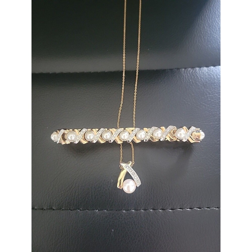 Pearl, Crystal, Gold Tone Necklace And Bracelet Set. Chain Is 14 kt. gold plate
